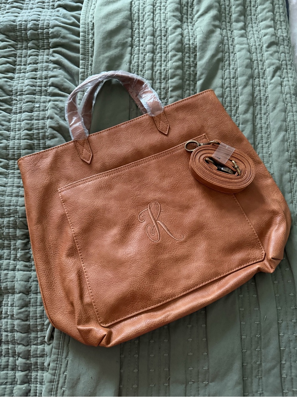 Monogram Accent Tan Tote Bag with Removable Strap
